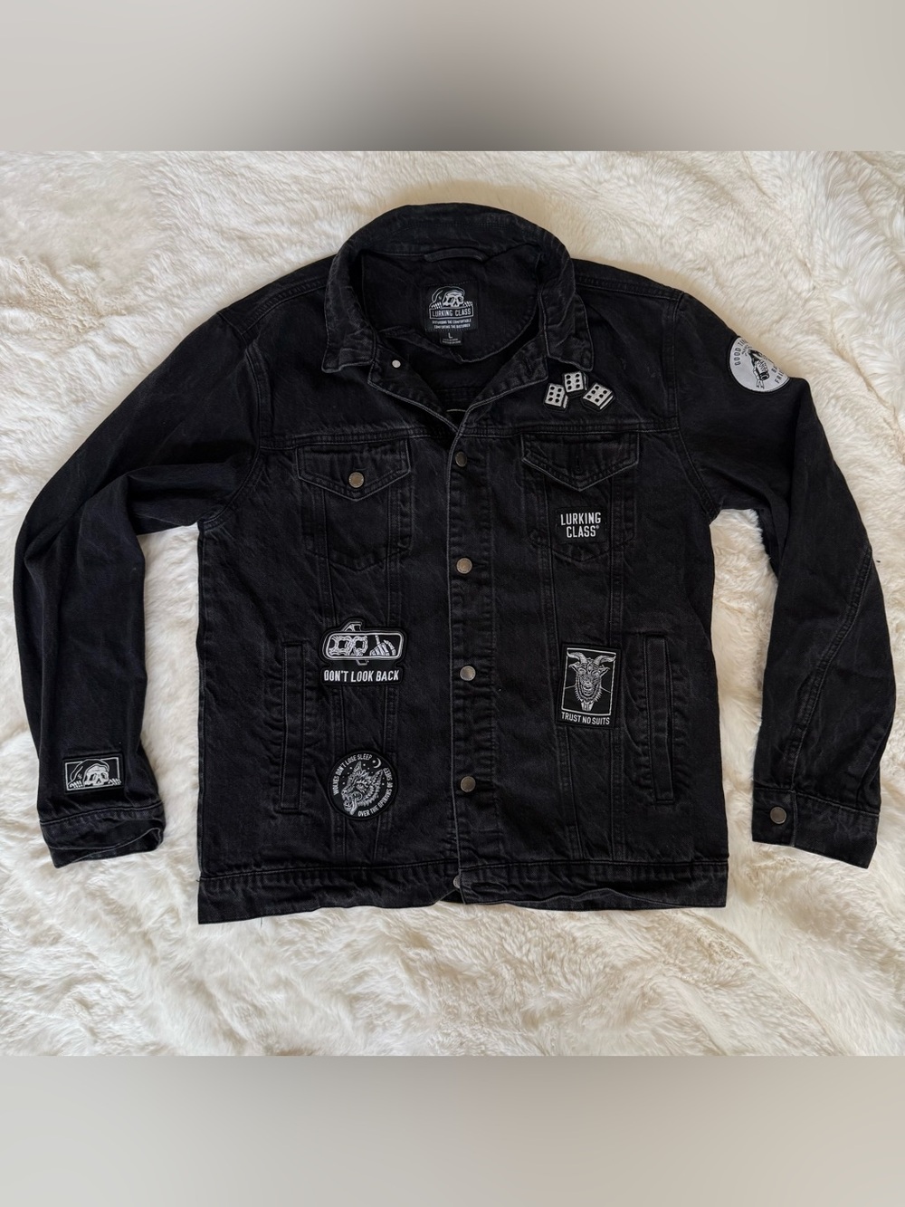 Lurking Class Sketchy Tank Black Denim Patch Jacket L Grunge Alt Streetwear